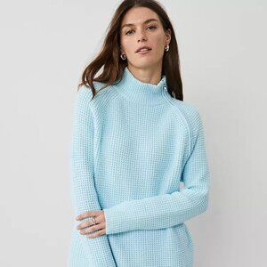 NWT Ann Taylor Weekend M Waffle Knit Zip Sweater Mint Blue Mock Neck Pullover